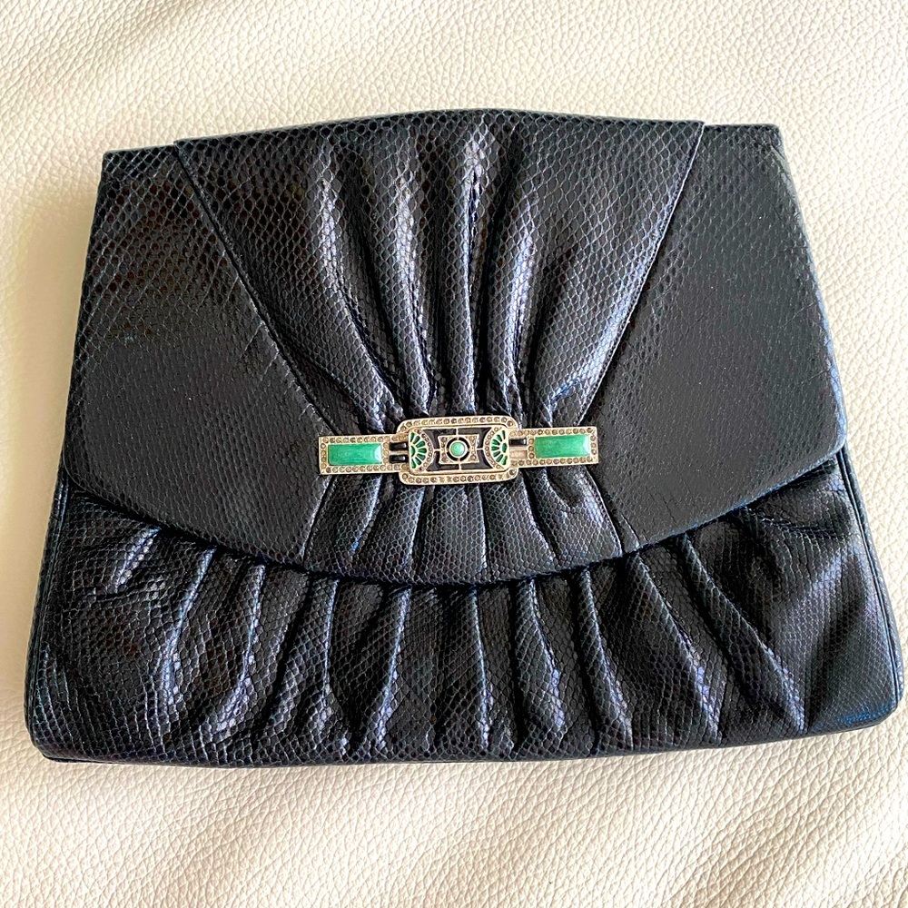Judith Leiber Black Clutch with Green Enamel and Silver-Tone Accent